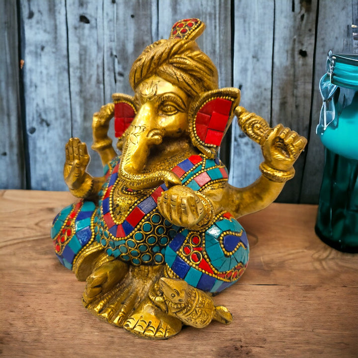 Tamas brass Ganesha adorned with turquoise stones and wearing a turban idol/statue (6 Inch) (Golden)