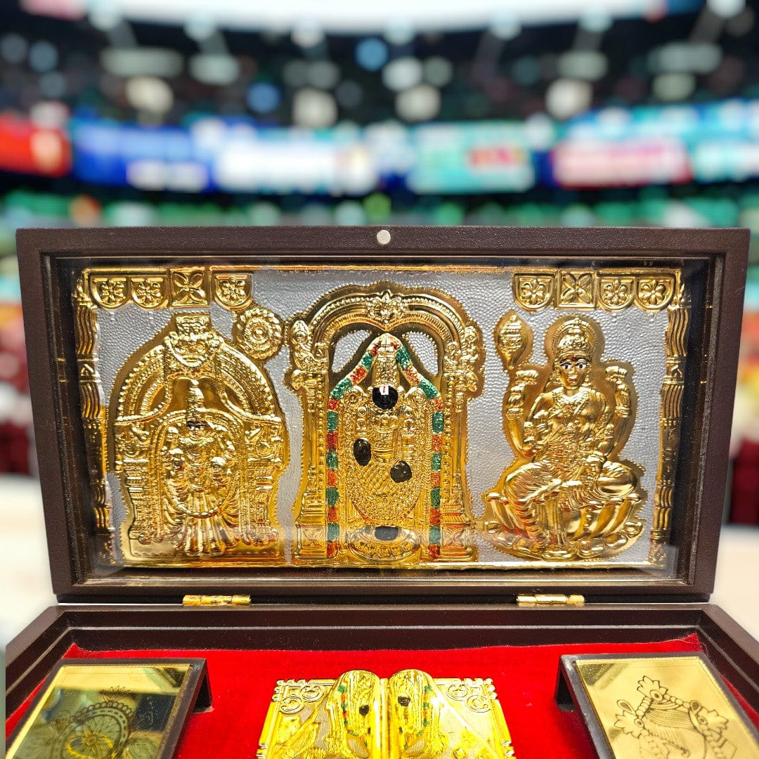Gold Foil Lord Balaji/Venkatesaya Charan Paduka Gift/Puja Box(5.5 Inch)(Multicolour) - Tamas: Luxury Indian Gifts