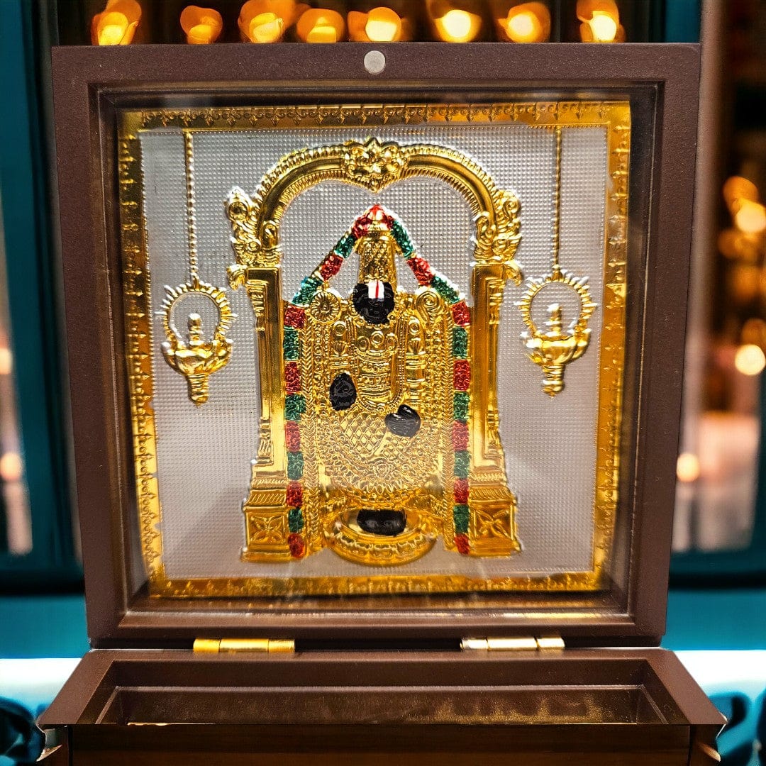 Gold Foil Lord Om Sri Venkatesaya Charan Paduka Gift/Puja Box(5 Inch)(Multicolour) - Tamas: Luxury Indian Gifts