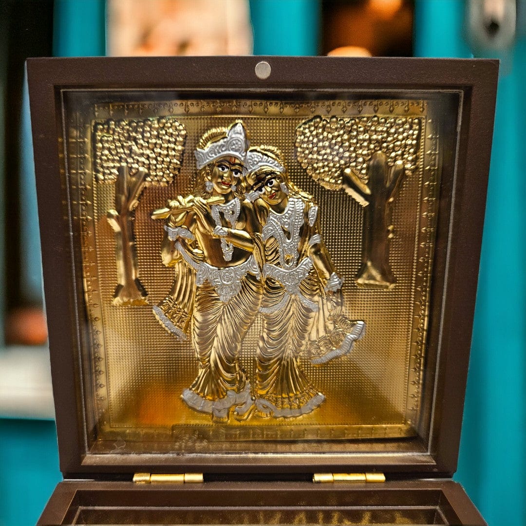 Gold Foil Lord Radhe Krishna Charan Paduka Gift/Puja Box(5 Inch)(Golden) - Tamas: Luxury Indian Gifts