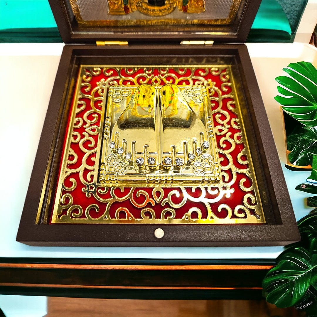 Gold Foil Lord Om Sri Venkatesaya Charan Paduka Gift/Puja Box(5 Inch)(Multicolour) - Tamas: Luxury Indian Gifts