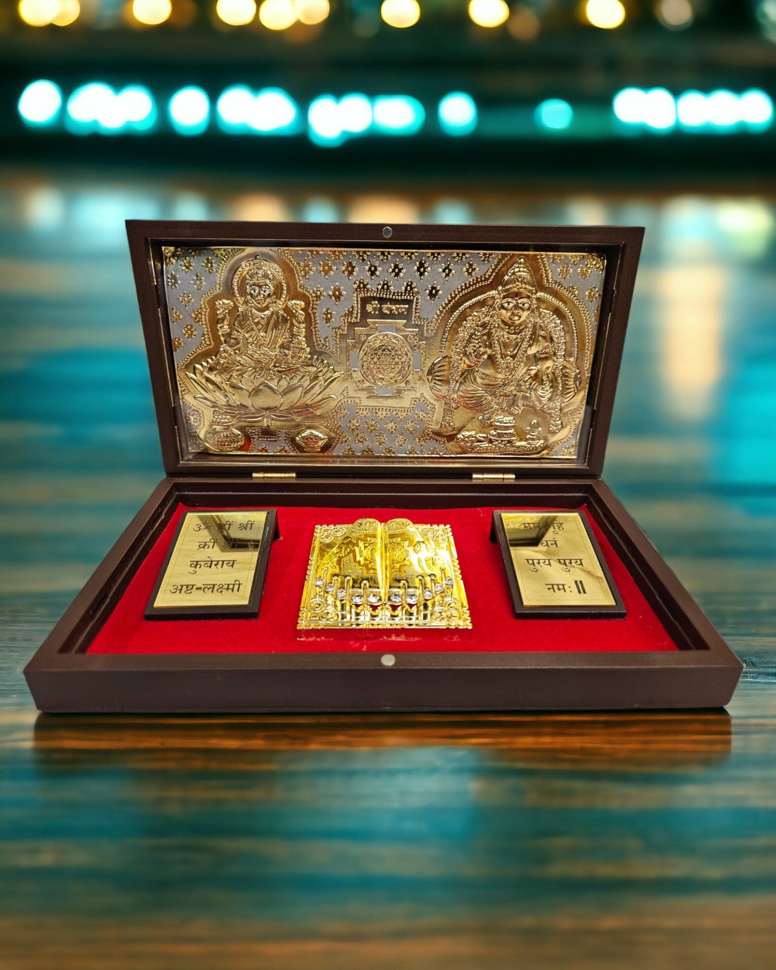 Gold Foil Maa Lakshmi and Lord Kuber ji Charan Paduka Gift/Puja Box(5 Inch)(Golden) - Tamas: Luxury Indian Gifts