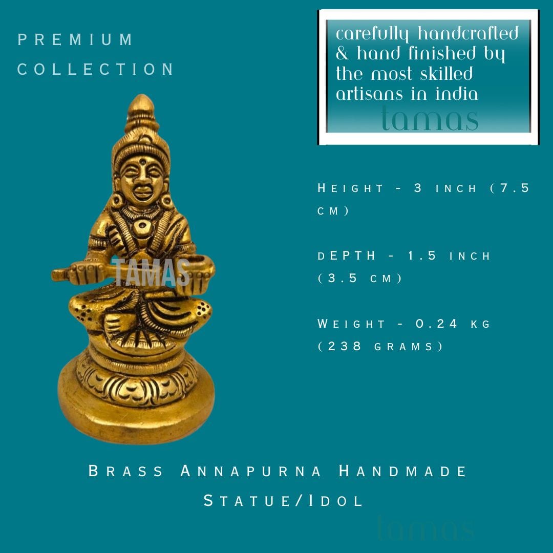 Brass Annapurna Handmade Statue/Idol(3 Inch)(Golden) - Tamas: Luxury Indian Gifts
