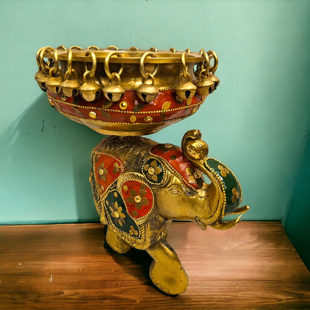 Brass Elephant Urli Stone Work (8 Inch) (Multicolor)
