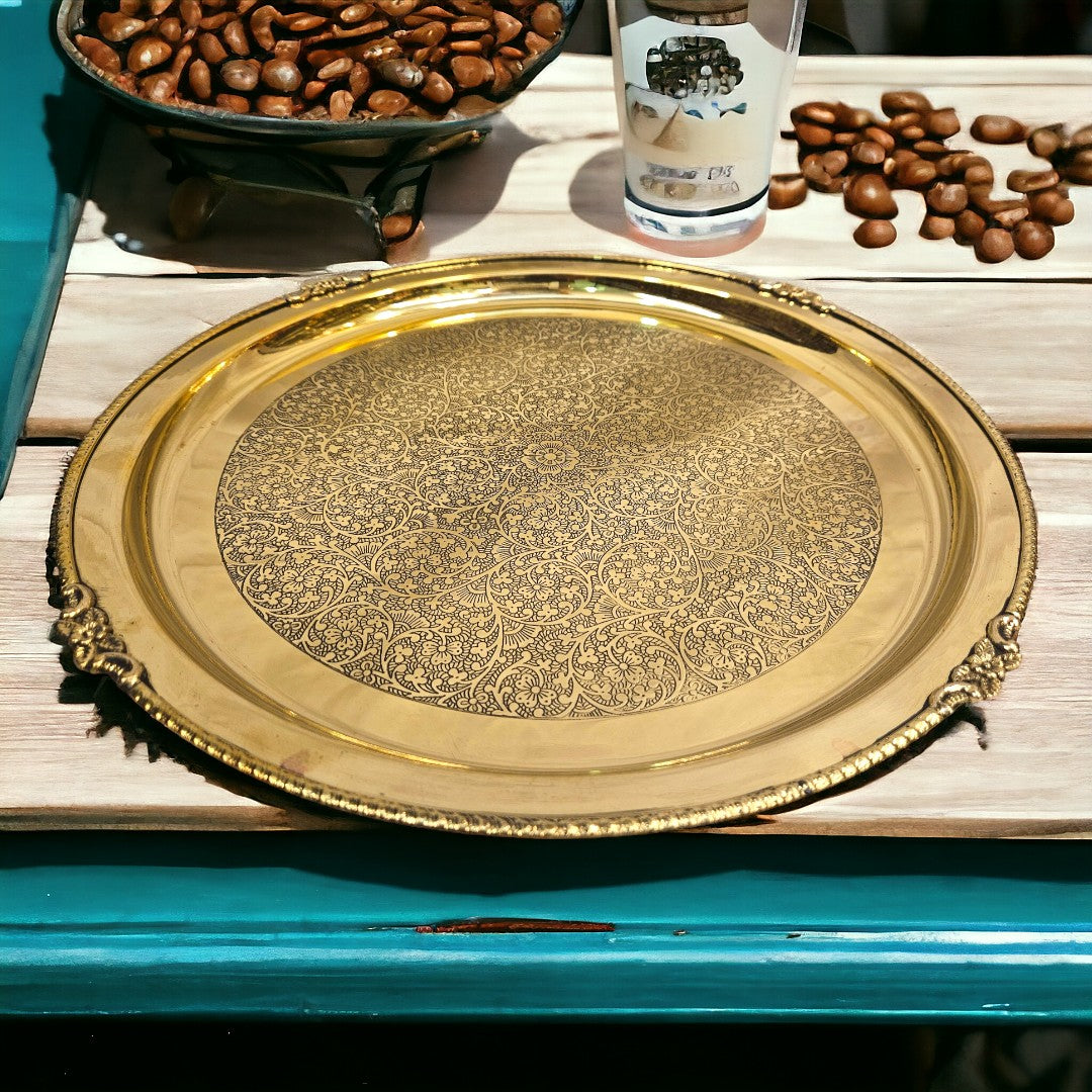 Brass Handmade Round Traditional Vintage Floral Serving Tray (0.8 Inch) (Golden)