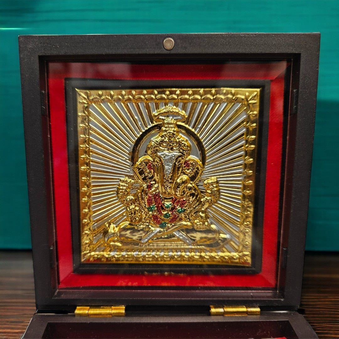Gold Foil Ganeshaji Charan Paduka Gift/Puja Box(5 Inch)(Golden) - Tamas: Luxury Indian Gifts