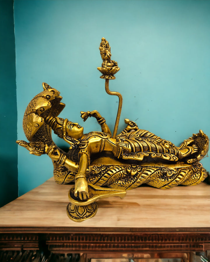 Brass Lord Vishnu Bhagwan Resting on Sheshnag Touching Shiva Lingam Brahma from Navel Statue/Idol (6 Inch) (Golden)