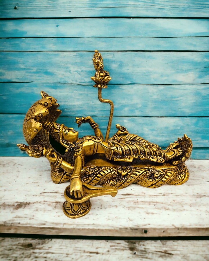 Brass Lord Vishnu Bhagwan Resting on Sheshnag Touching Shiva Lingam Brahma from Navel Statue/Idol (6 Inch) (Golden)