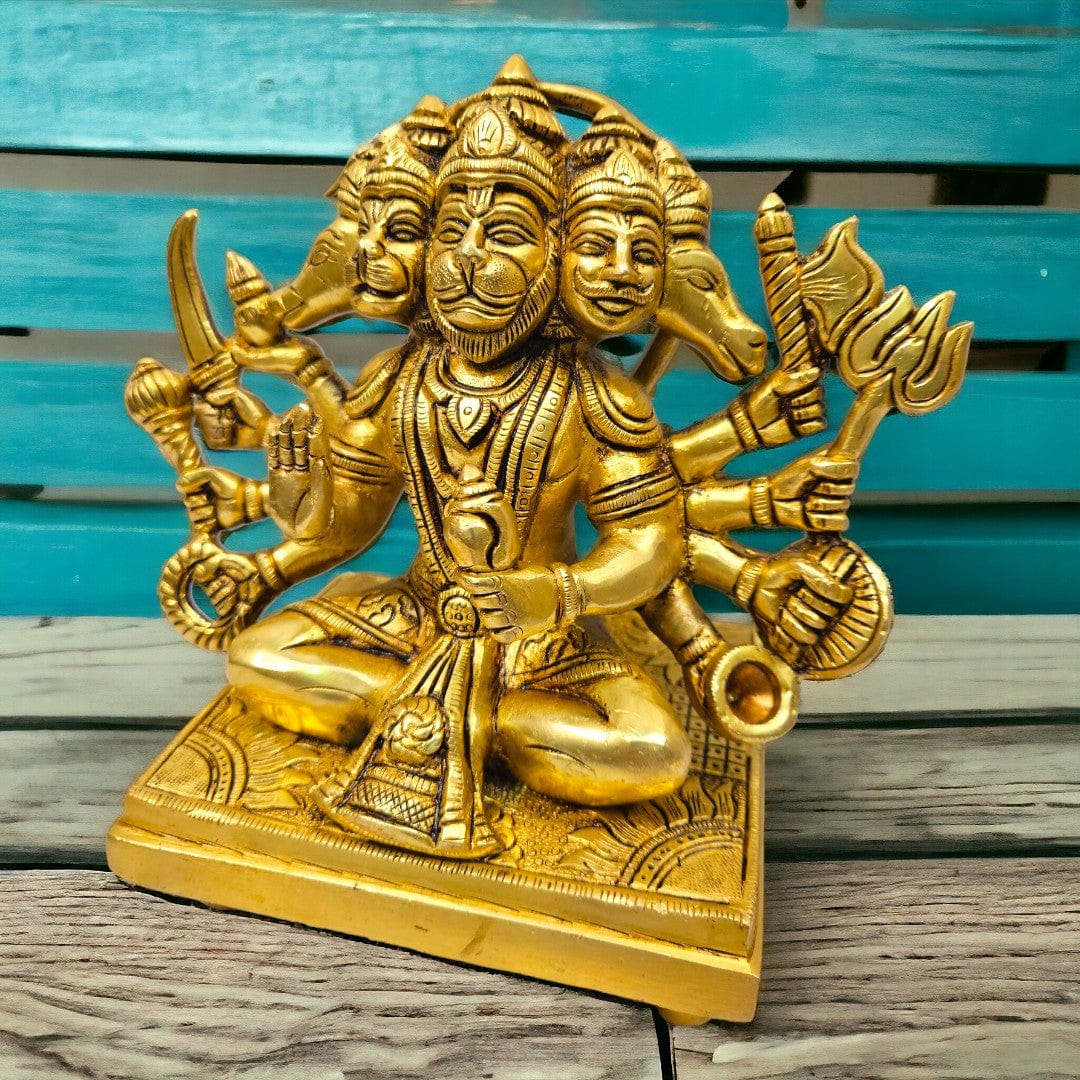 Tamas Brass Panchmukhi Hanuman Sitting Statue/Idol (8 Inch) (Golden) - Tamas: Luxury Indian Gifts