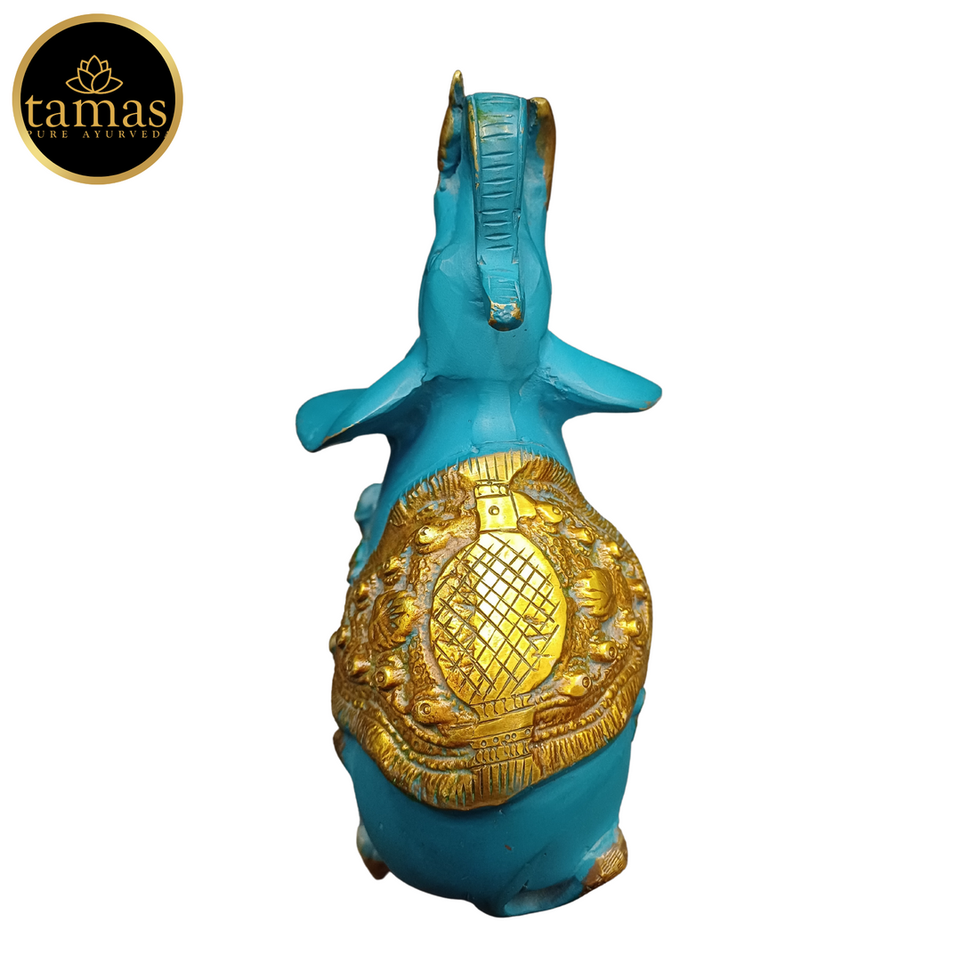 Tamas Brass Handcrafted Ethnic Elephant Showpiece Trunk Up Statue / Idol with Antique Finish   (6.5 x 3.5 x 6.5 Inches, Golden & Blue) (Pack of 1)