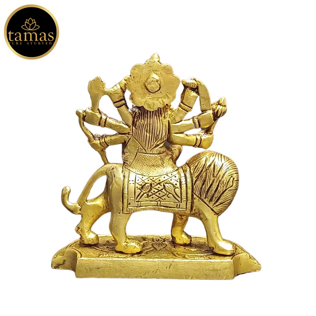 Tamas Brass Durga Mata with Lion Statue/Idol (Golden) (4.5 Inches)
