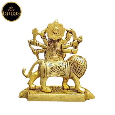 Tamas Brass Durga Mata with Lion Statue/Idol (Golden) (4.5 Inches)