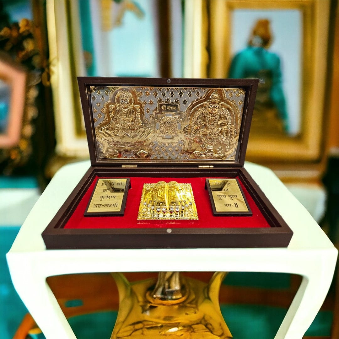 Gold Foil Maa Lakshmi and Lord Kuber ji Charan Paduka Gift/Puja Box(5 Inch)(Golden) - Tamas: Luxury Indian Gifts