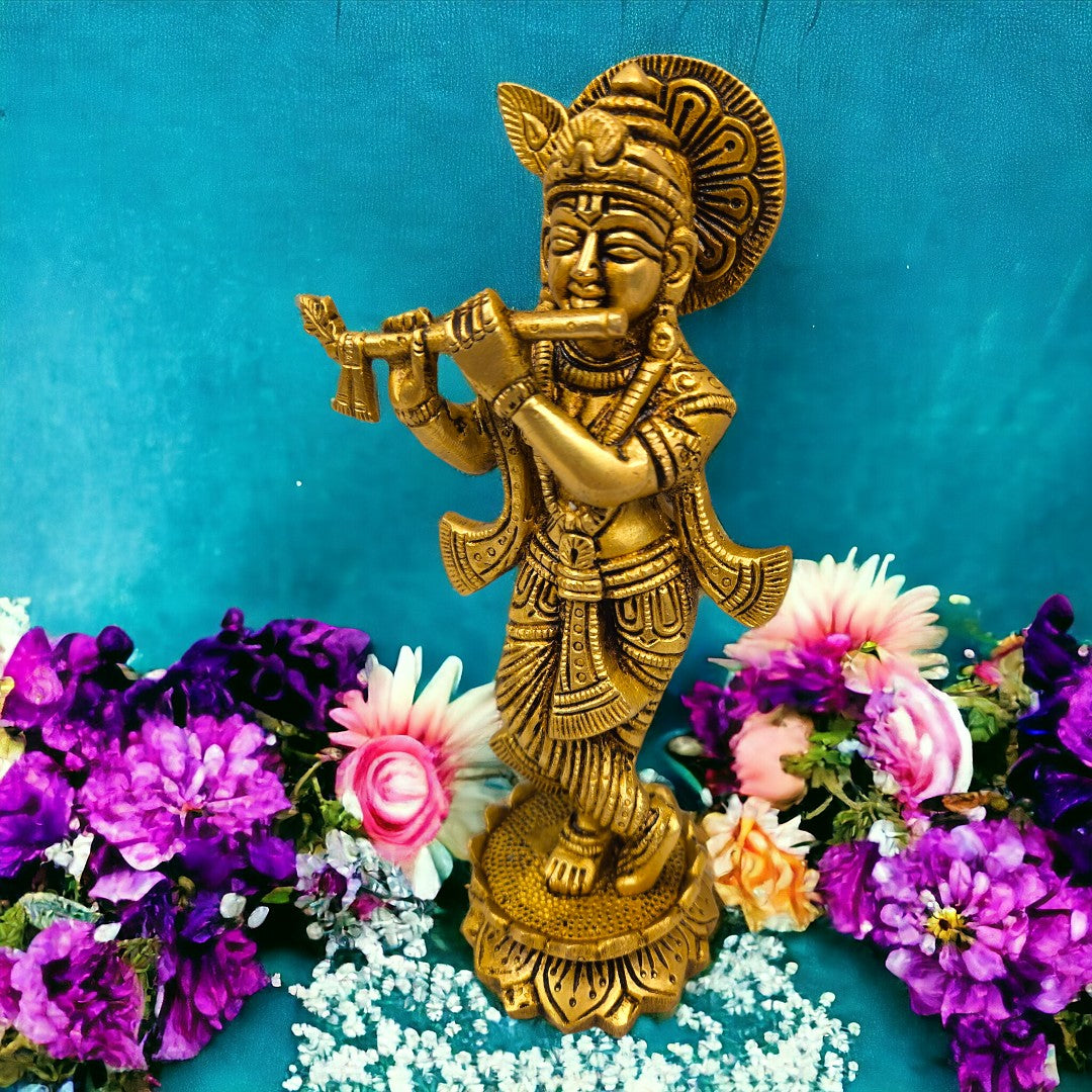 Brass Lord Krishna Idol on Kamal Statue/Idol (7 Inch) (Golden)