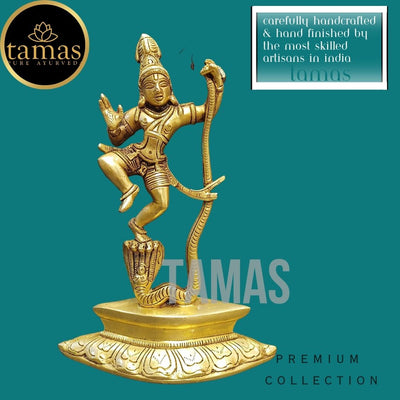 Tamas Brass Lord Krishna Dancing on The Hood of Kaliya Naag Statue/Idol (Golden) (9.5 Inches)