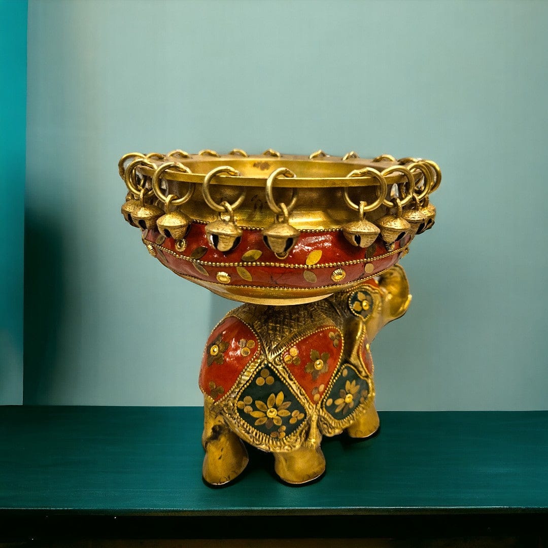 Brass Elephant Urli Stone Work (8 Inch) (Multicolor) - Tamas: Luxury Indian Gifts