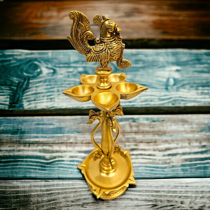 Tamas brass Mayur Puja Lamp/Diya/Deepak/Deepam Peacock Diya (14 Inch) (Golden)