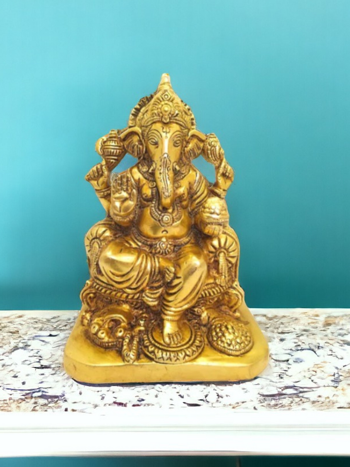 Brass Lord Ganesha Sitting on Carved Singhasan with Mooshak Statue (Golden) Height 6 inches | Free Premium Gift Box