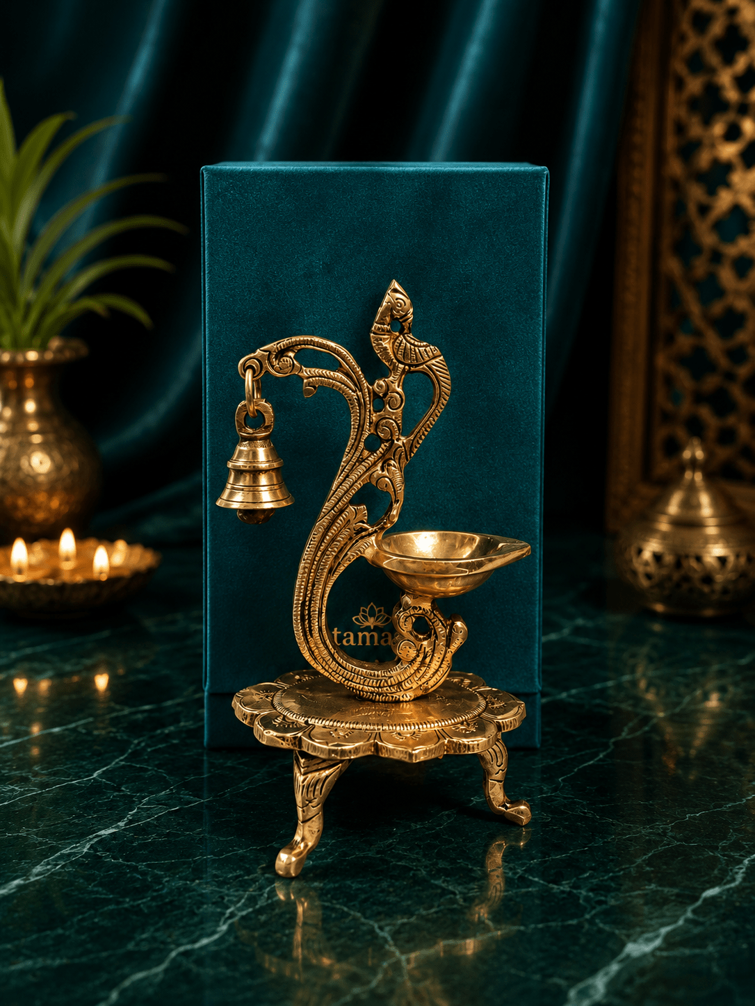Tamas Brass Handcrafted Parrot Diya with Bell 8 inch - Tamas Luxury Gifts