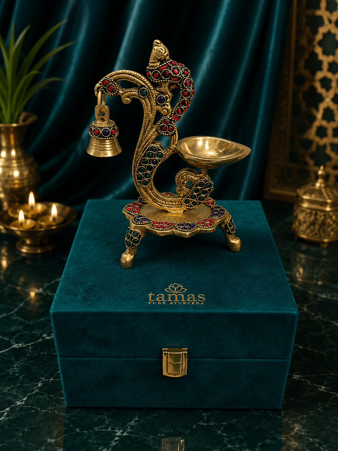 Tamas Brass Handcrafted Parrot Diya with Bell &amp; Stone 8 inch - Tamas Luxury Gifts