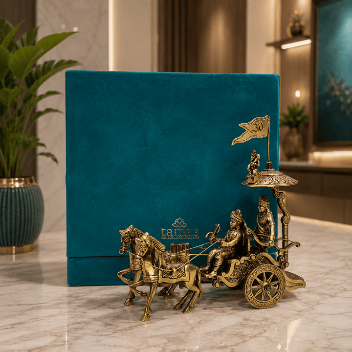 Brass Arjun Rath 2 Horse (8.5 inch) - Tamas Luxury Gifts