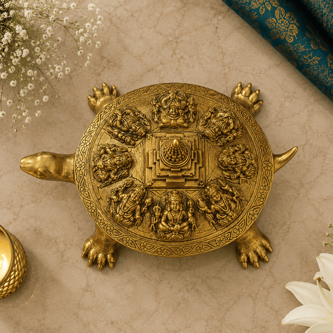 Brass Handcrafted Lord Ashtalakshmi/Ashta Lakshmi on Tortoise Meru Shree Yantra Statue / Idol with Antique Finish (9 x 13.6 x 6 Inches, 6.1kg, Golden) (Pack of 1) - Tamas Luxury Gifts