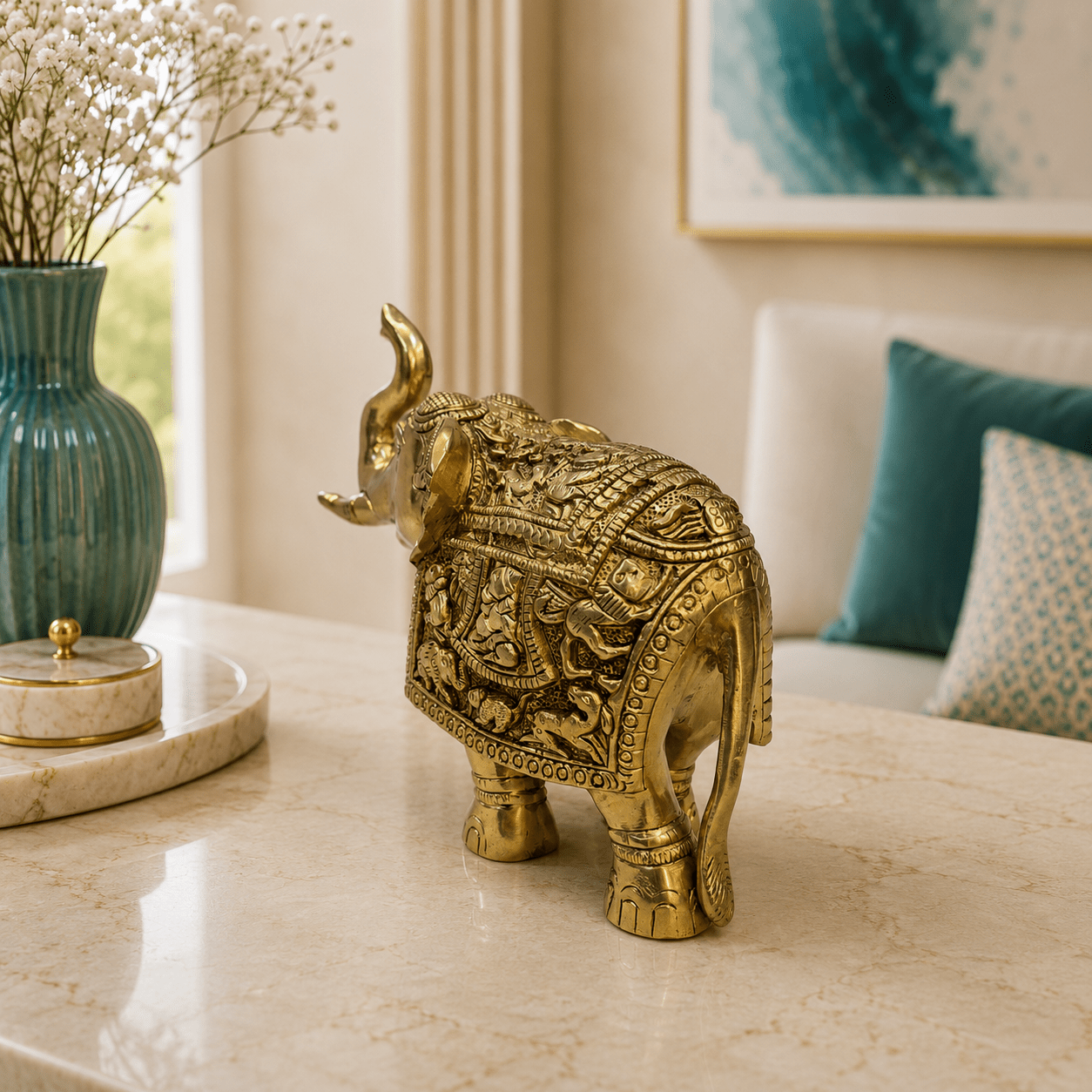 Tamas Heritage Brass Elephant Statue (9L × 3.5W × 8H Inches) - Tamas Luxury Gifts