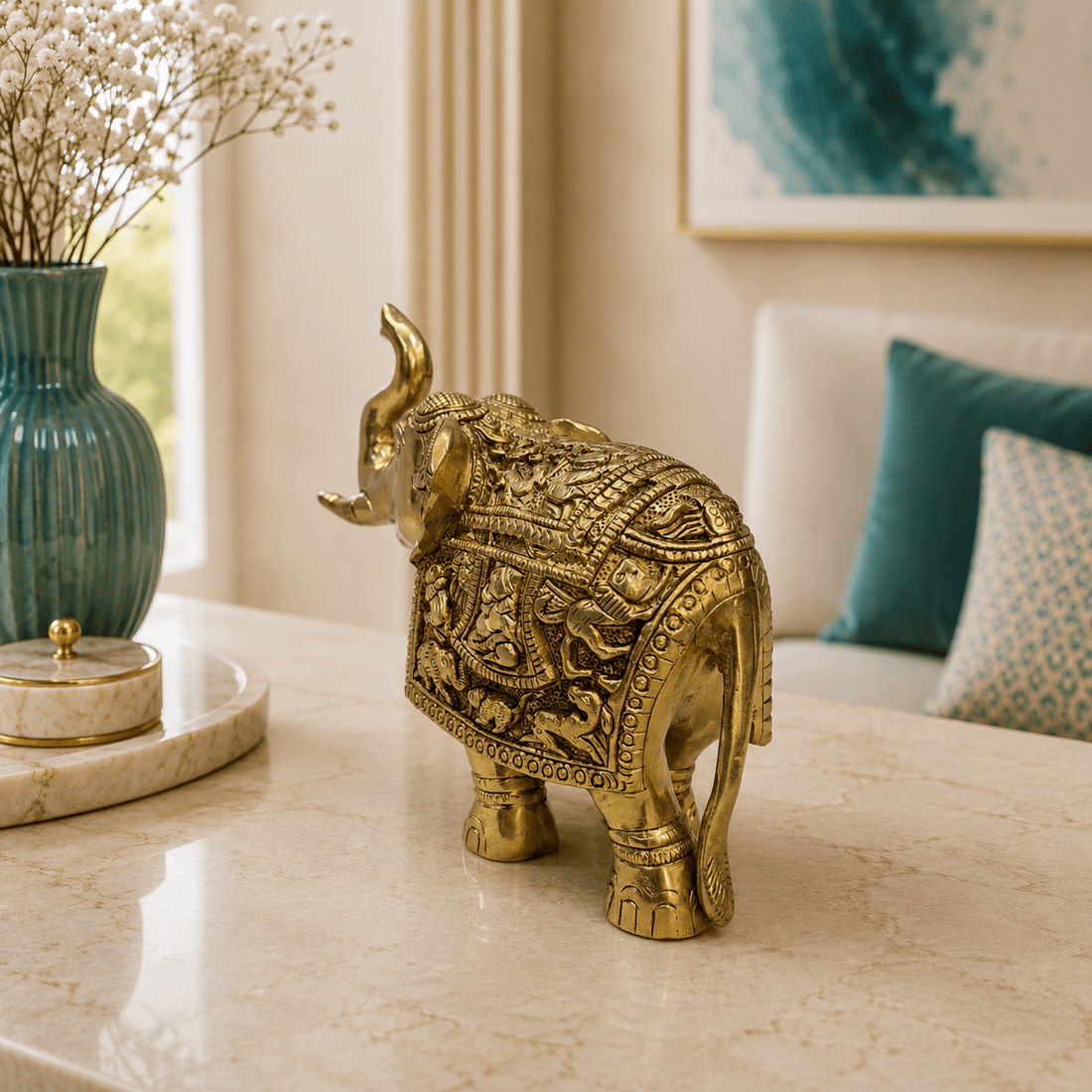 Tamas Heritage Brass Elephant Statue (9L × 3.5W × 8H Inches) - Tamas Luxury Gifts