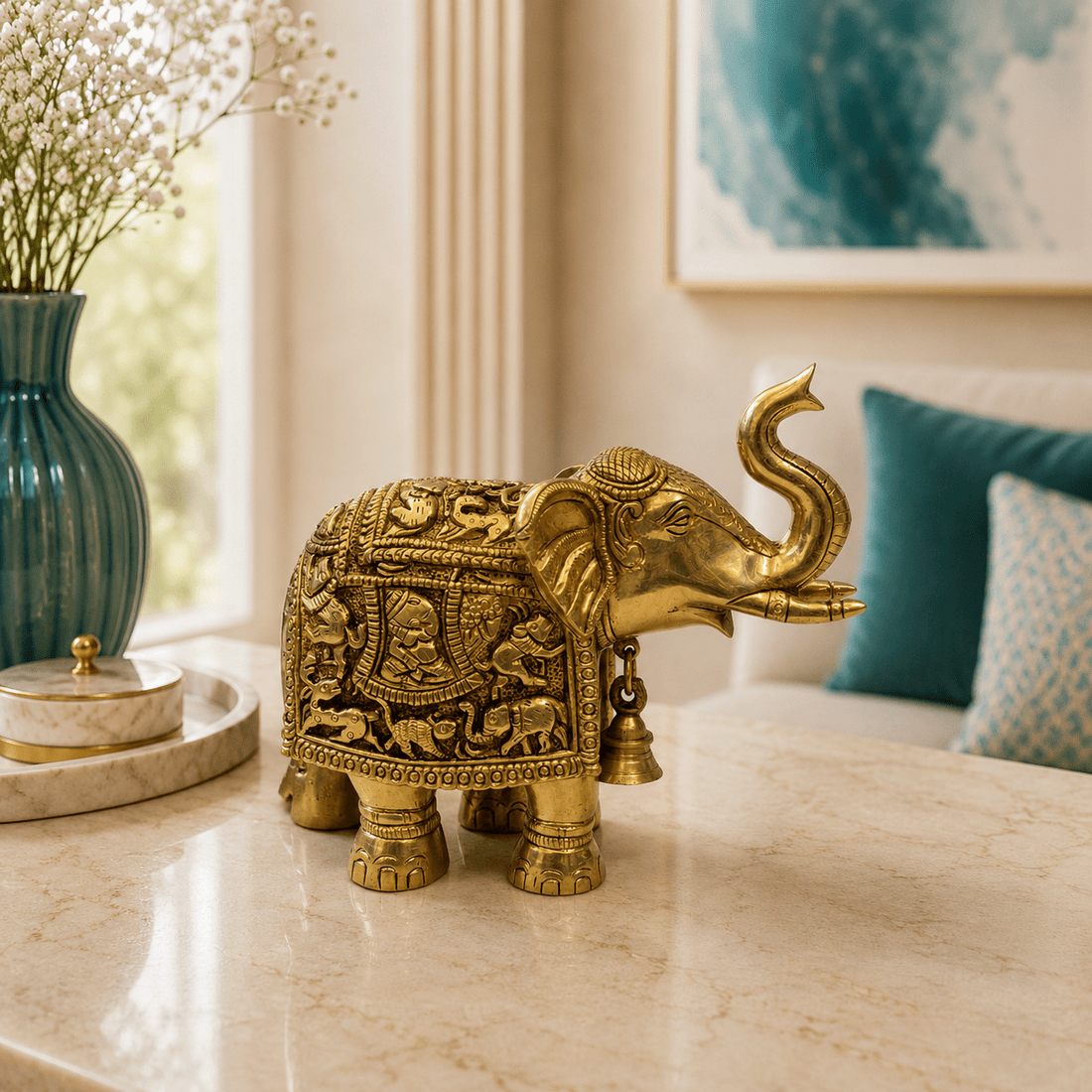 Tamas Heritage Brass Elephant Statue (9L × 3.5W × 8H Inches) - Tamas Luxury Gifts