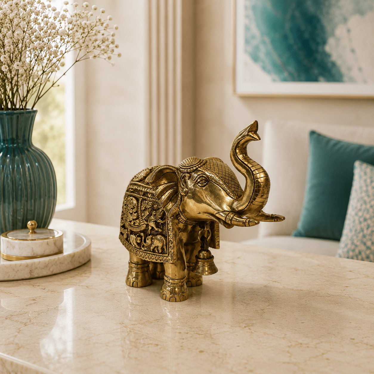Tamas Heritage Brass Elephant Statue (9L × 3.5W × 8H Inches) - Tamas Luxury Gifts