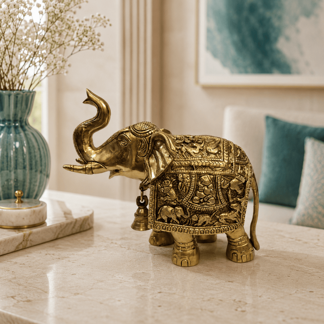 Tamas Heritage Brass Elephant Statue (9L × 3.5W × 8H Inches) - Tamas Luxury Gifts