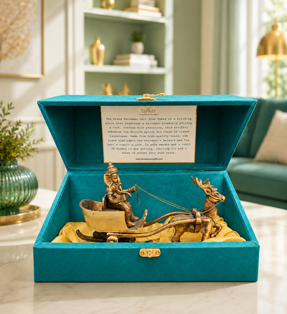 Brass Ganesha Reindeer Cart, 4.5 inches (H), 7.5 inches(L)