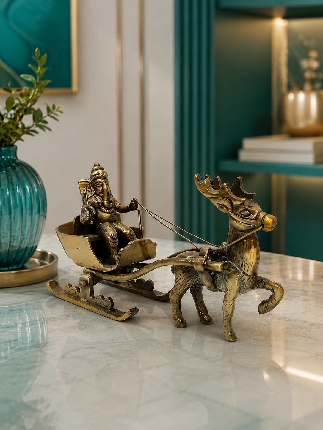 Brass Ganesha Reindeer Cart, 4.5 inches (H), 7.5 inches(L)