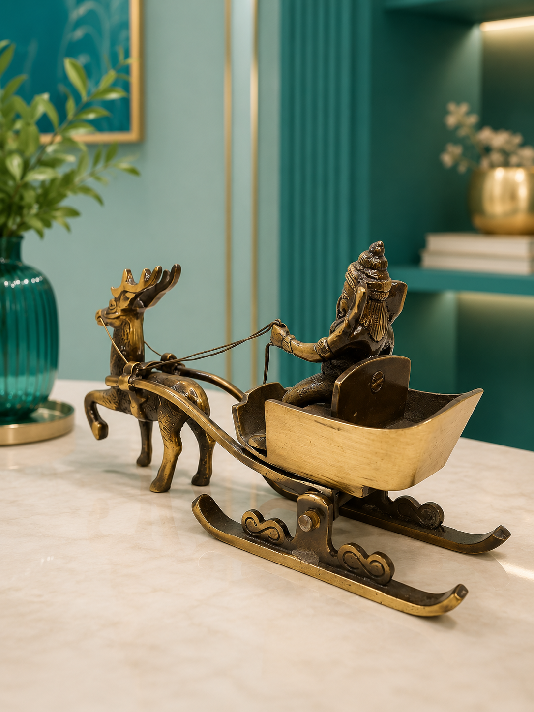 Brass Ganesha Reindeer Cart, 4.5 inches (H), 7.5 inches(L)