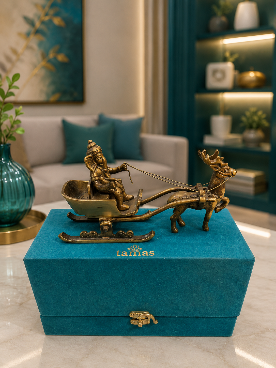 Brass Ganesha Reindeer Cart, 4.5 inches (H), 7.5 inches(L)