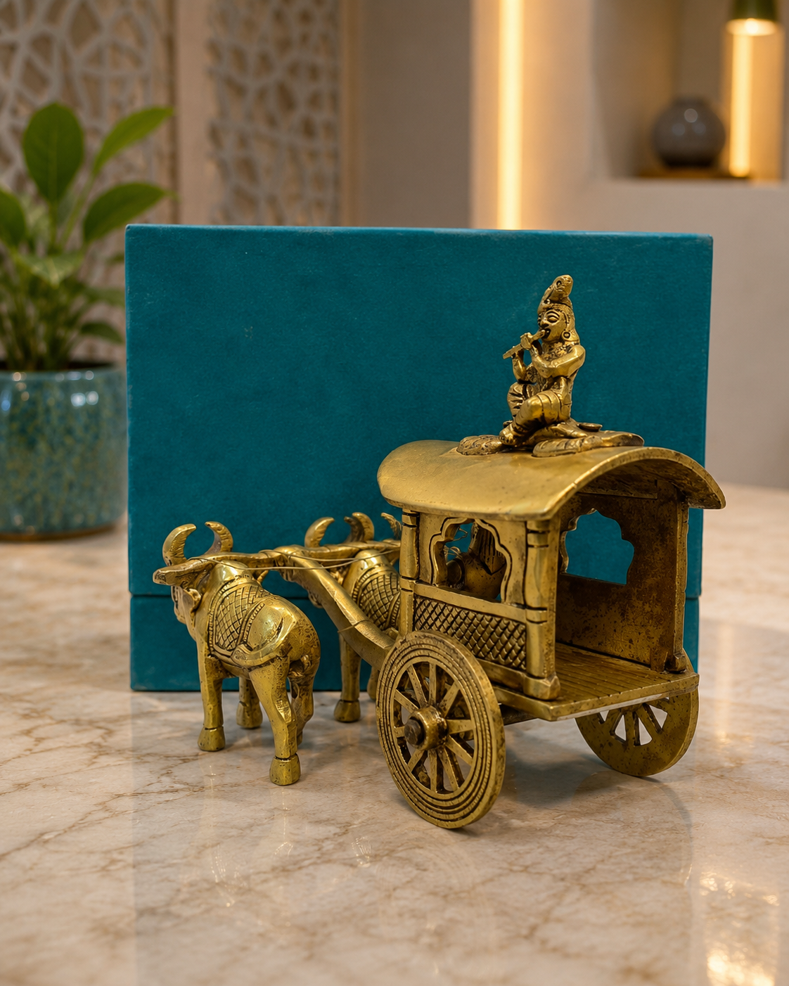 Brass Krishna Bullock Cart 6 inches H