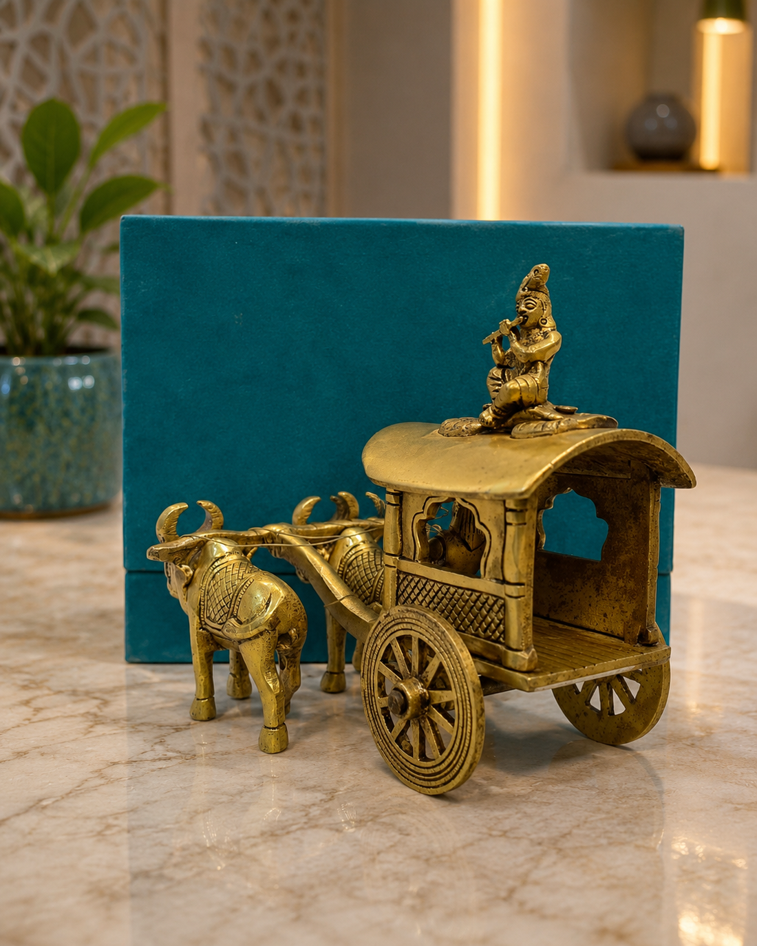 Brass Krishna Bullock Cart 6 inches H