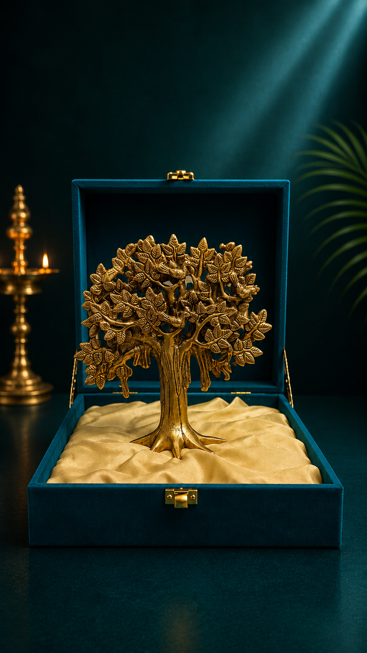 Brass Kalpavriksha Tree (8.5 inches H) with Gift Box – Wish-Fulfilling Brass Tree for Home, Office & Gifting