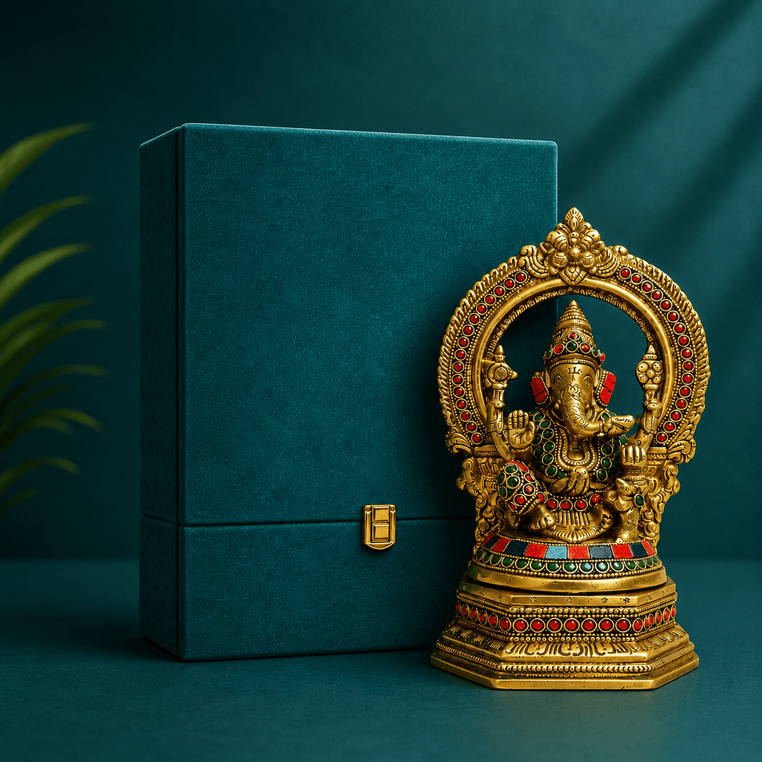 Tamas Brass Ganesh Bhagwan Sitting Posture and Decorated with Multicolored Stone (Multicolor) Height 8.6 inches | Free Luxury Gift Box - Tamas Luxury Gifts
