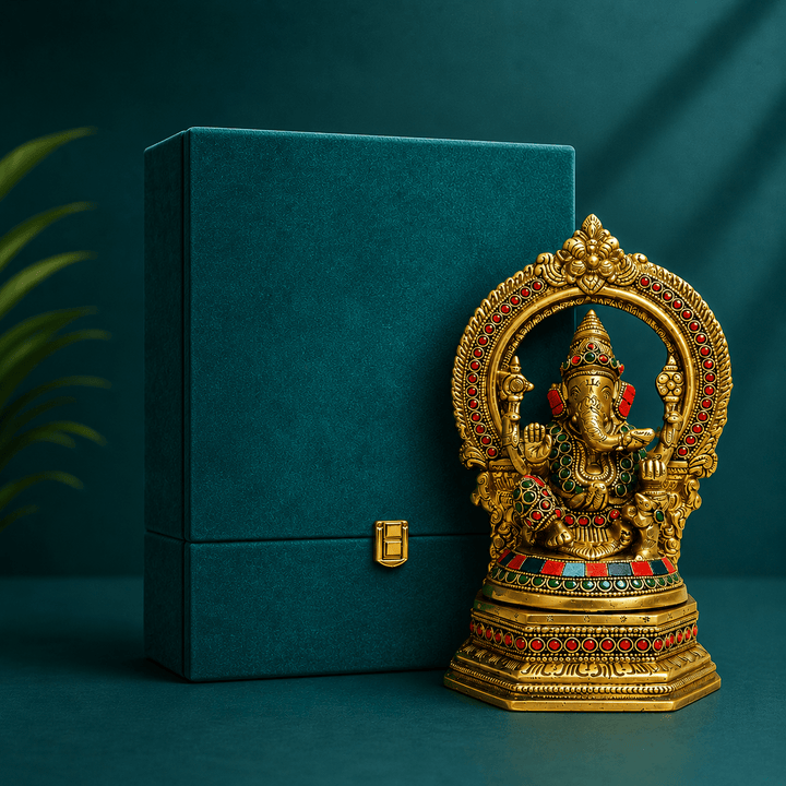 Tamas Brass Ganesh Bhagwan Sitting Posture and Decorated with Multicolored Stone (Multicolor) Height 8.6 inches | Free Luxury Gift Box - Tamas Luxury Gifts