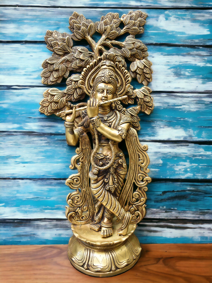 Tamas Brass Krishna with Kalpavriksha Tree Statue (Height 24.5 Inches)