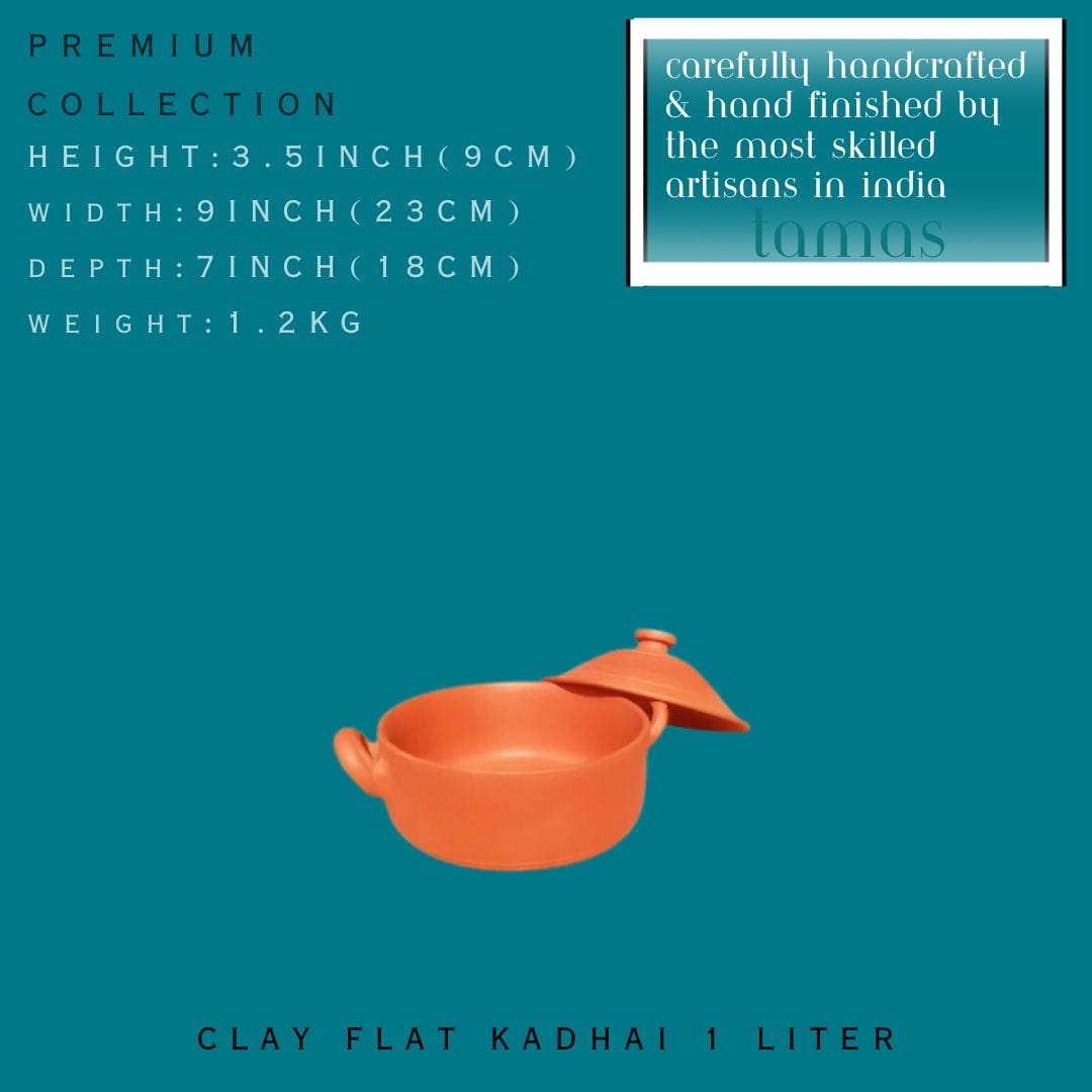 Tamas Handcrafted Terracotta Natural Clay Flat Kadhai (Brown) - Tamas: Luxury Indian Gifts