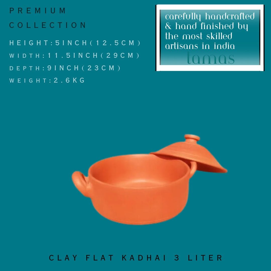 Tamas Handcrafted Terracotta Natural Clay Flat Kadhai (Brown) - Tamas: Luxury Indian Gifts