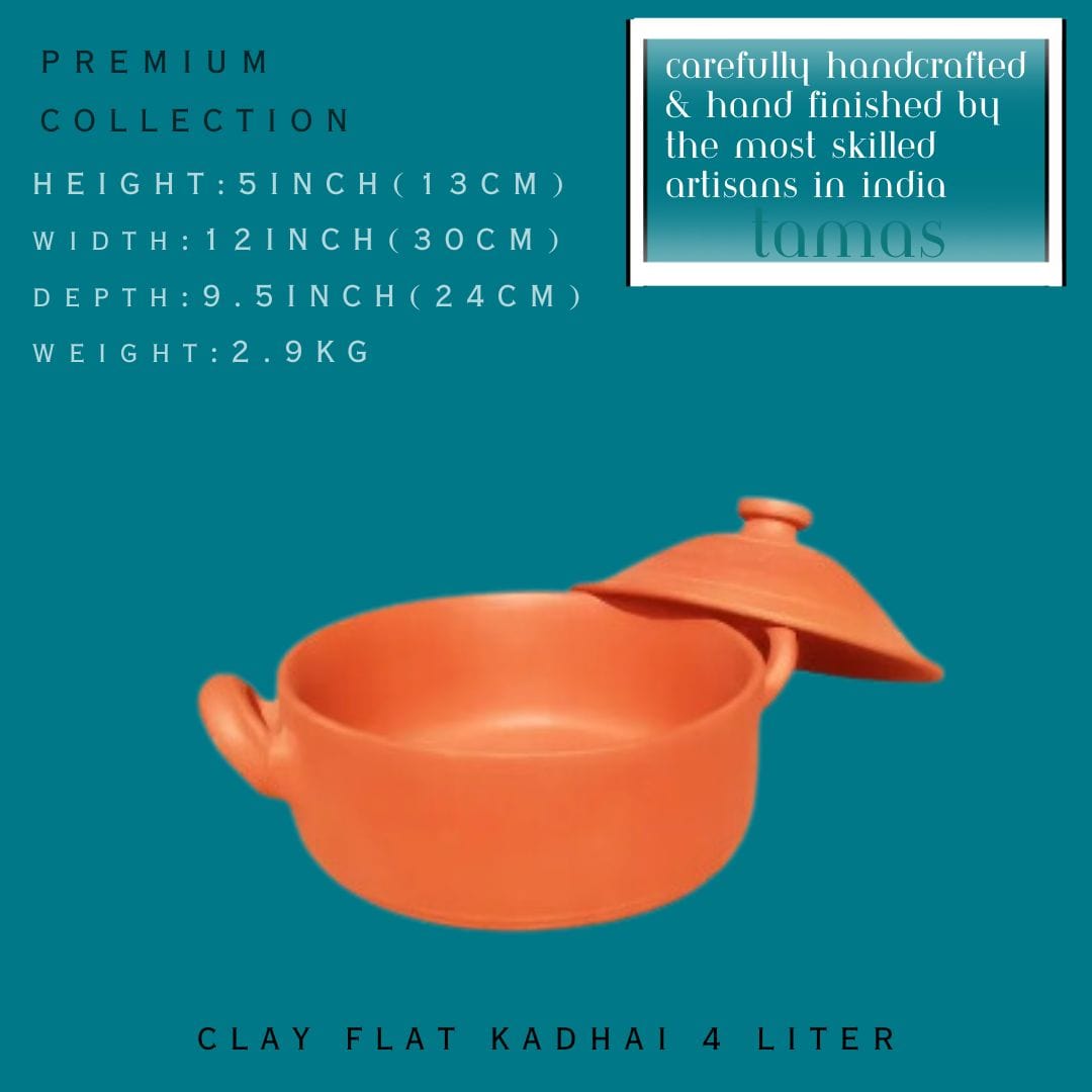 Tamas Handcrafted Terracotta Natural Clay Flat Kadhai (Brown) - Tamas: Luxury Indian Gifts