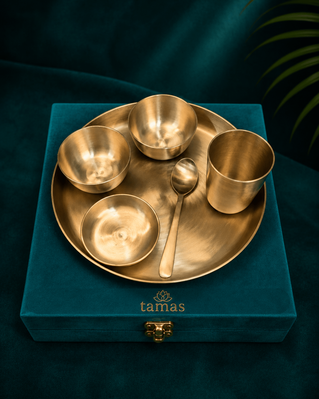 Tamas Heavy Duty Pure Lead Free Premium Kansa Dinner Set – Handcrafted Bronze Thali Set with Spoon, Bowls & Glass, Matt Finish| Ayurvedic Wellness Gift in Velvet Box - Tamas Luxury Gifts