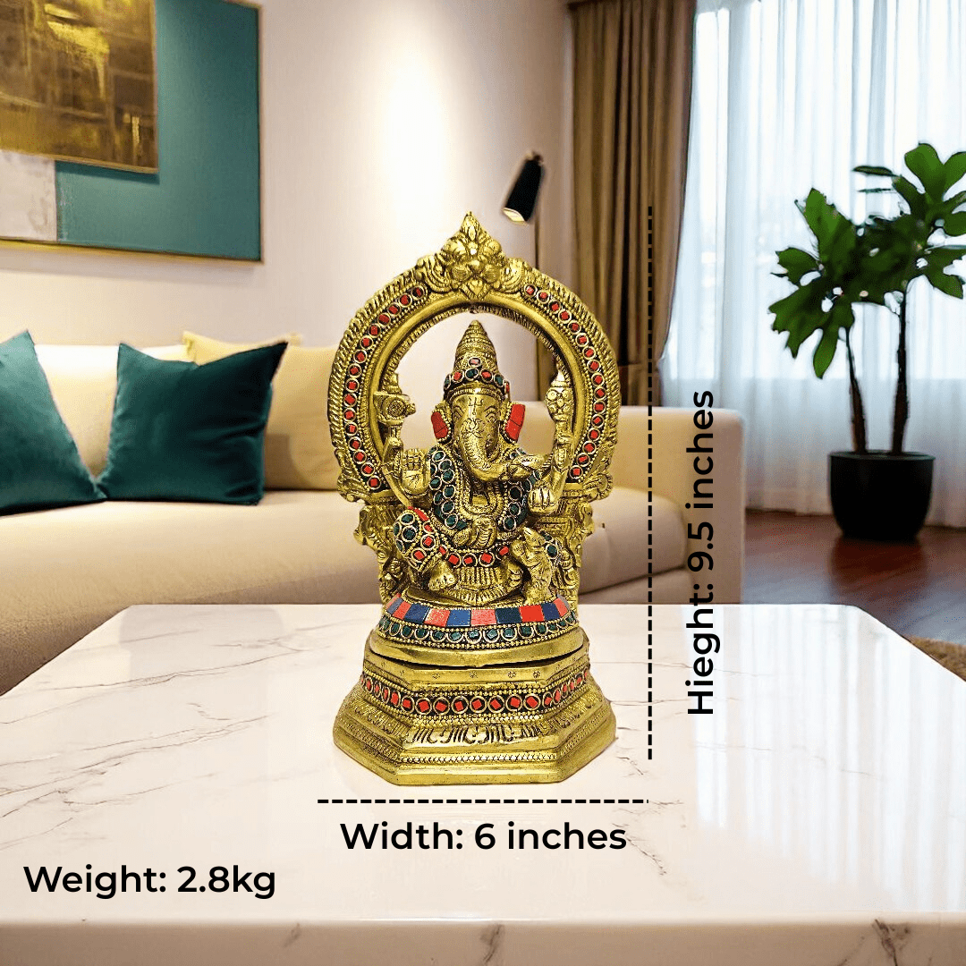 Tamas Brass Ganesh Bhagwan Sitting Posturel and Decorated with Multicolored Stone (Multicolor) Height 9.6 inches | Free Luxury Gift Box