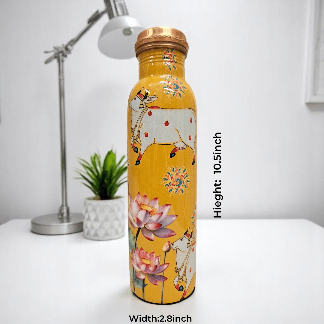 yellow cow print copper water bottle 