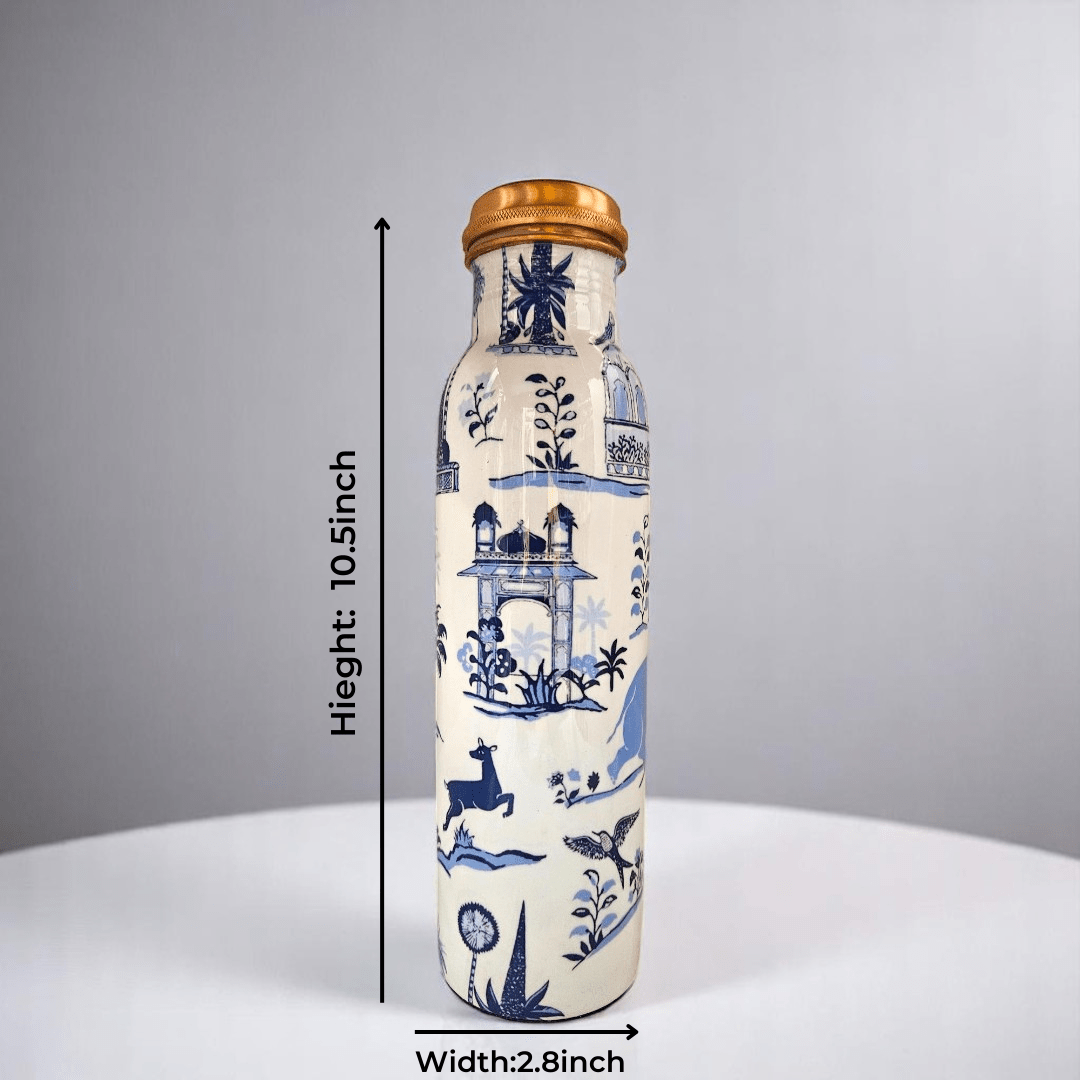 copper water bottle with blue enamel artwork, 10.5 inches tall and 2.8 inches wide.
