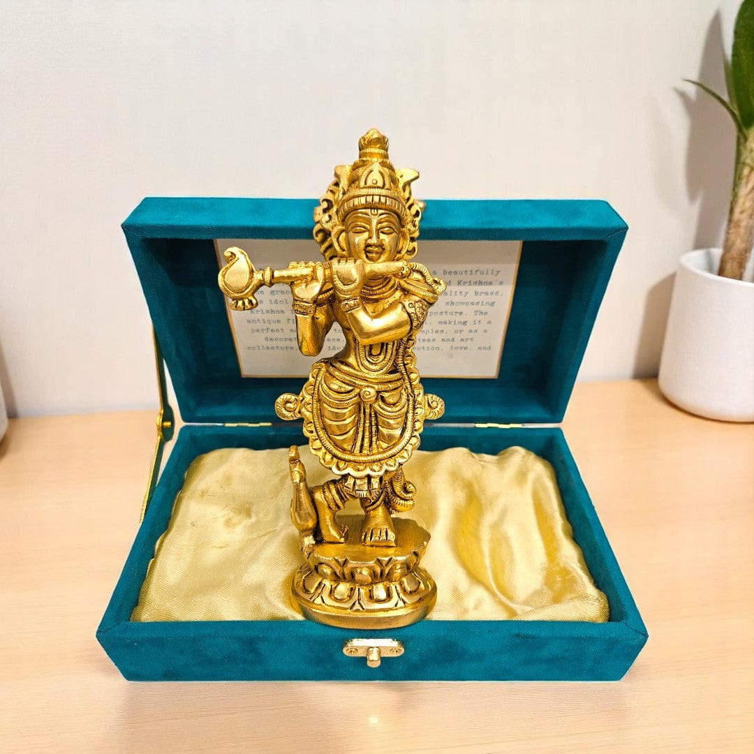 Tamas Krishna Small Brass Idol (7 Inch) with Antique Finish – Handcrafted Pooja Murti with Gift Box