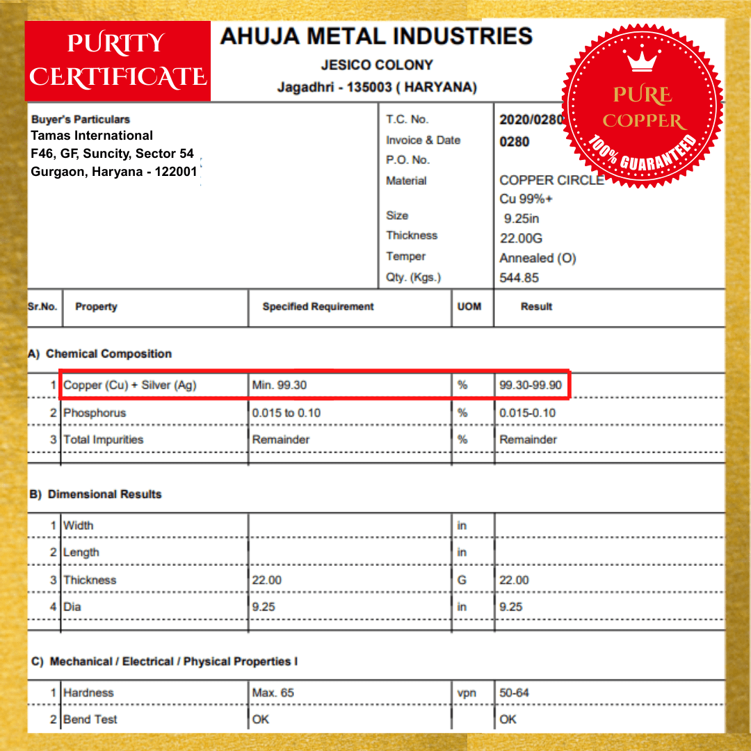 copper purity certificate of tamas 